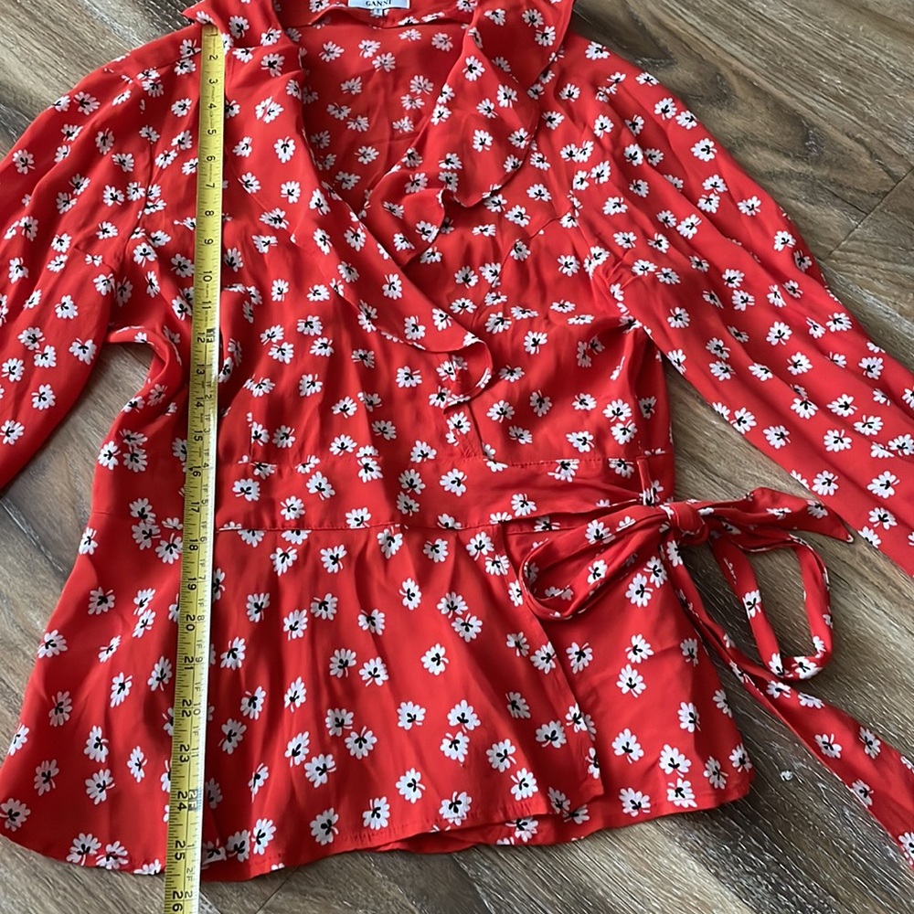Ganni Silvery Crepe Wrap Red Floral Viscose Blouse Top - Picture 5 of 12